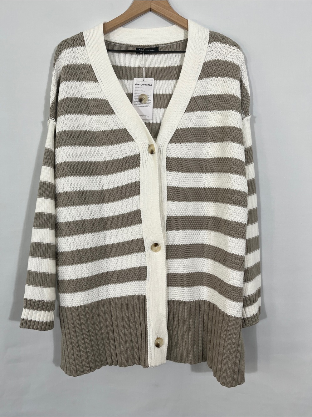Striped V-Neck Button-Front Cardigan in Cream and Taupe
